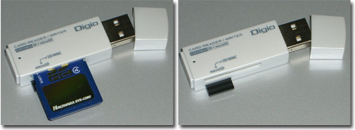 SDカードとマイクロSDカードを挿したところ。ロアス製SDカードリーダーで。