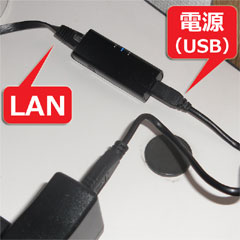 超小型無線LAN端末に、有線LANと電源用USBケーブルを接続したところ