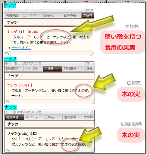 各種国語辞典での「ナッツ」項目の比較