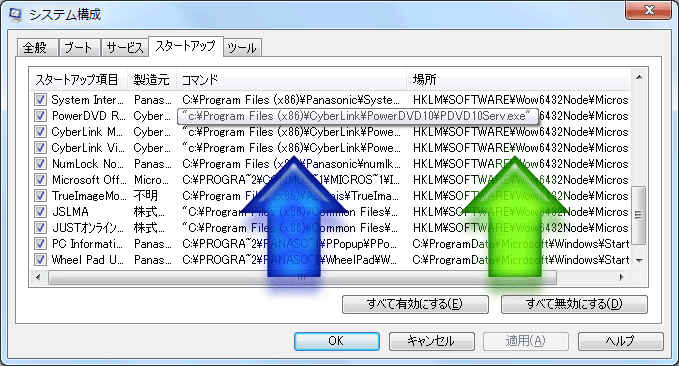 自動起動プログラムの位置や登録場所の一覧