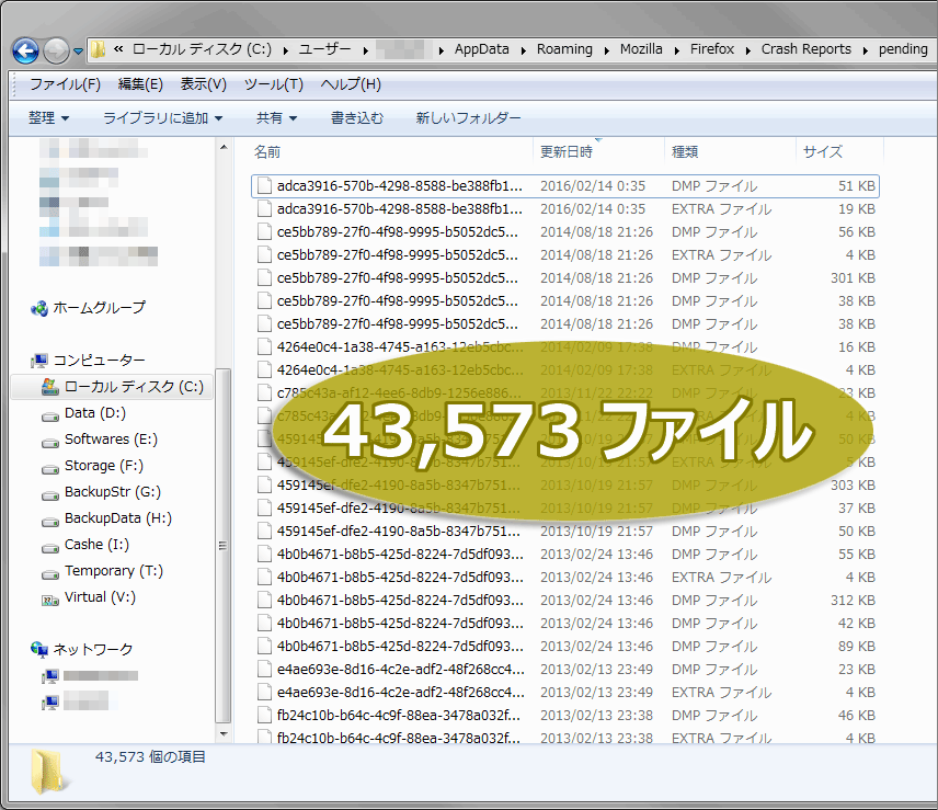 フォルダパス C:\Users\(ユーザ名)\AppData\Roaming\Mozilla\Firefox\Crash Reports\pending