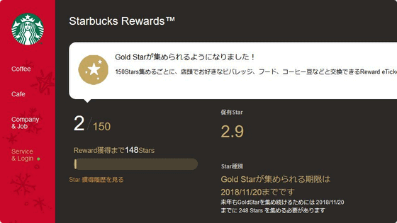 Starbucks Rewards Gold Star 2/150