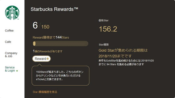 Reward eTicket発行ボタンが表示されたMy Starbucksページ