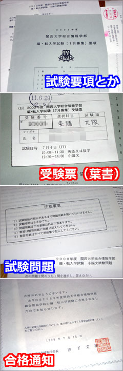 関西大学（総合情報学部）の編入学試験を受験した際の試験要項とか受験票とか試験問題とか合格通知とか。(^_^;)