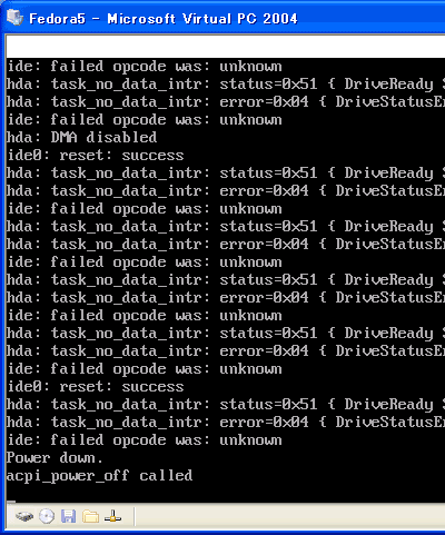 Fedora5シャットダウン中 on Virtual PC 2004