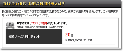 『「お客さまは、プラチナ特典が受けられます。」：20倍※年間1,200Ｇたまります。』