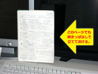 リングノートなら、どのページでも開きっぱなしにした上で、立てておける。