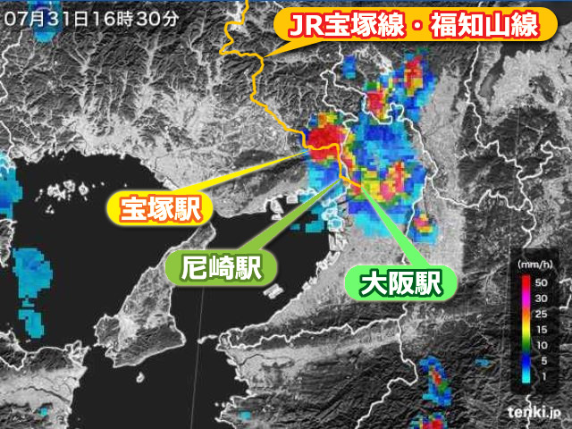 JR宝塚線・福知山線が実際の地図上でどこを走っているのかを示す図