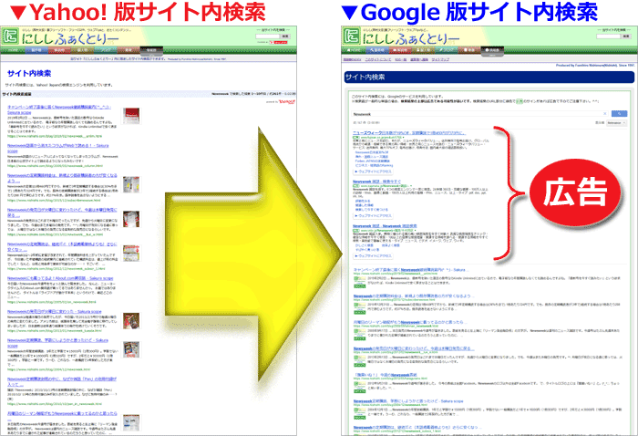 Yhoo!版とGoogle版サイト内検索結果の比較