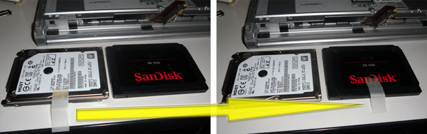ストレージを取り出すためのテープを、SSD側に付け替える