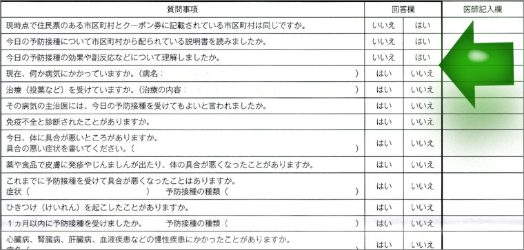 風疹予防接種の問診票