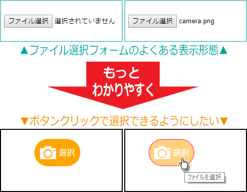 ファイル選択フォームのよくある表示形態を、ボタンクリックで選択できる形に変更したい！