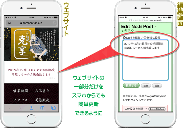 お知らせ領域をスマホからでも手軽に書き換えられる仕組みを用意した例